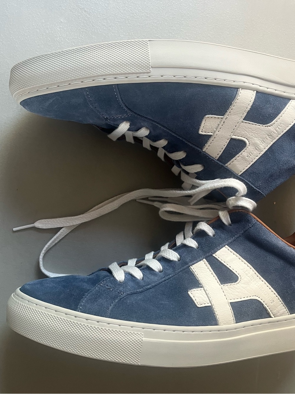 Allen Edmonds Navy Suede Sneakers with White Accents and Tan Lining - Picture 11 of 12